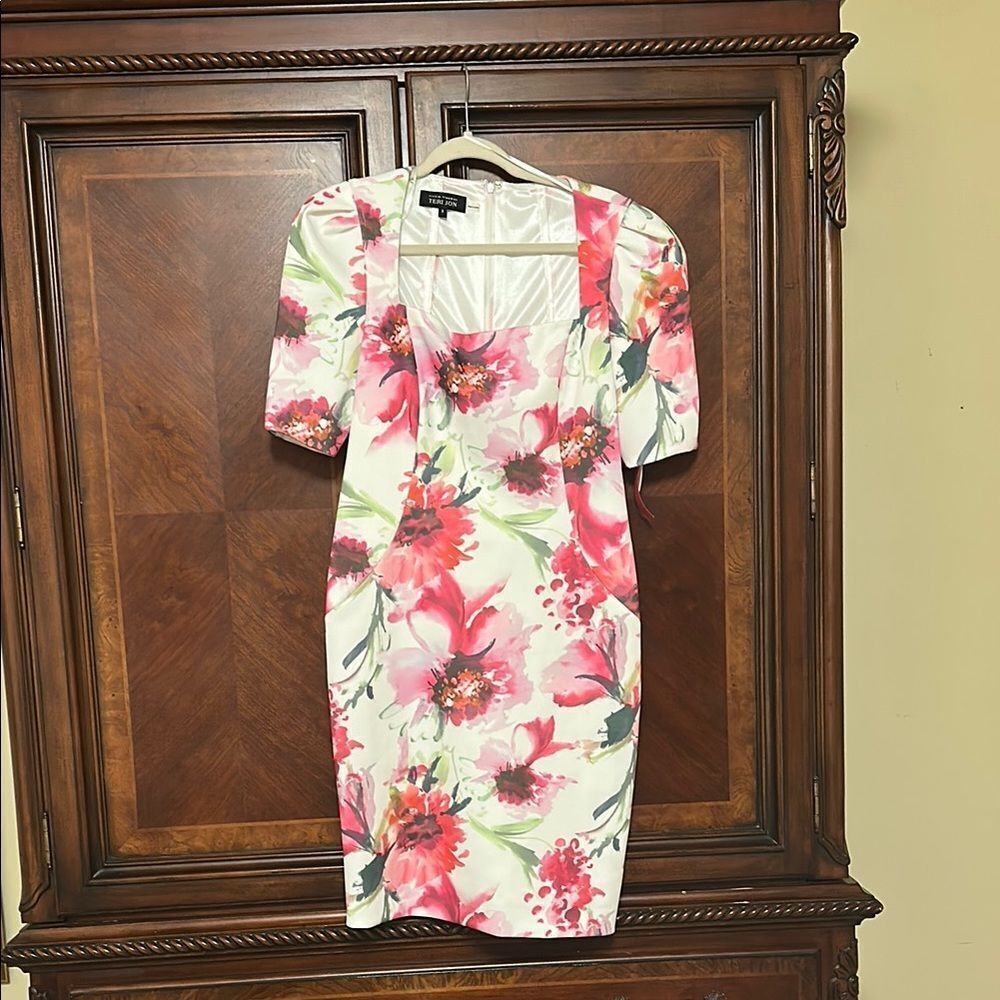 Rickie Freeman for Teri Jon Pink and Orange Sheath Dress with Puff Sleeves
